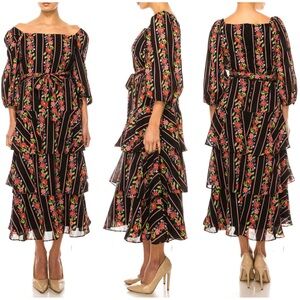 🆕 Gabby Skye Floral Bateau Neck Layered Ruffle Dress Black Coral Size 4